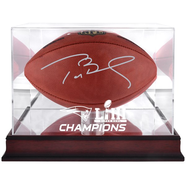 Autographed New England Patriots Tom Brady Fanatics Authentic Duke Football with Mahogany Base Super Bowl LIII Champions Football Display Case - TRISTAR